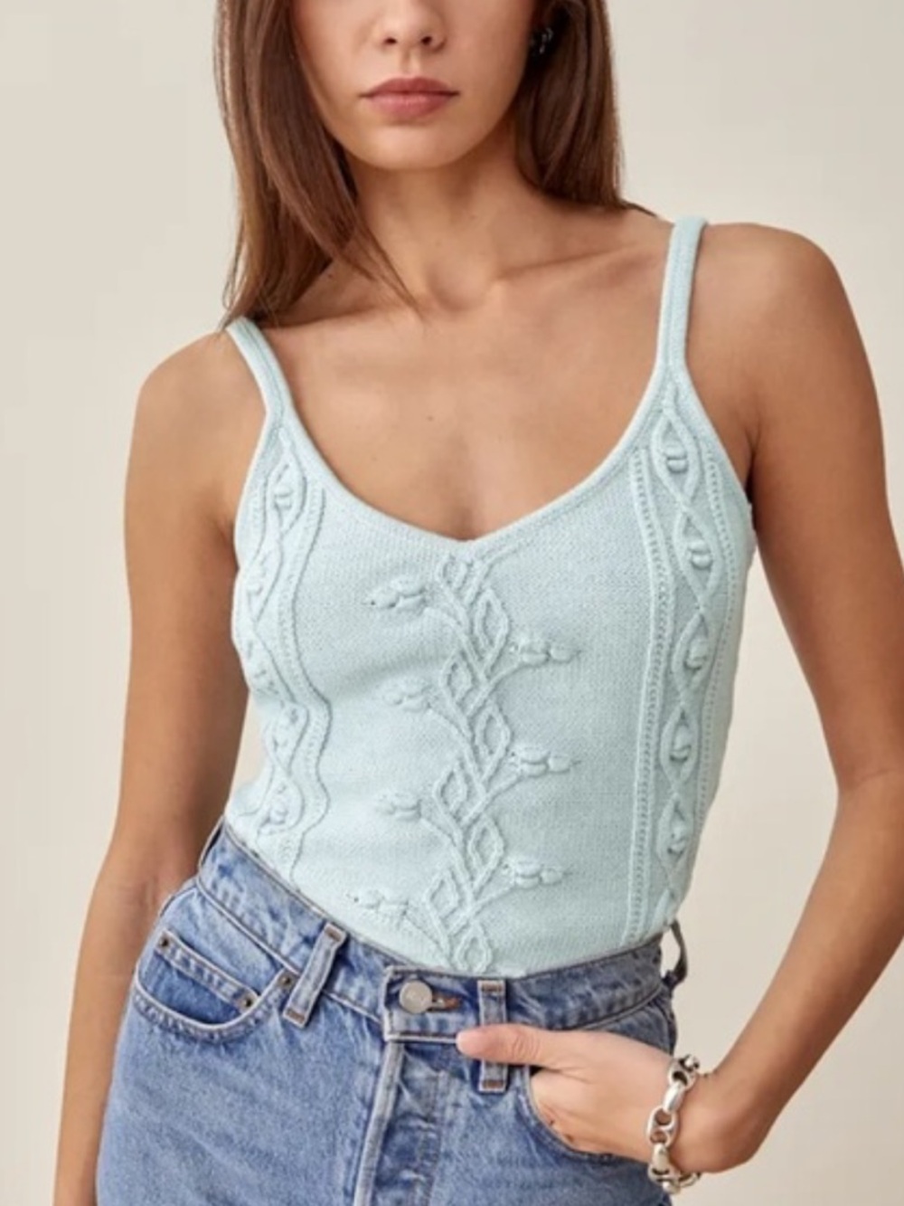 Reformation Genaro Powder Blue Cable Knit Spaghetti Strap Tank Top Size M